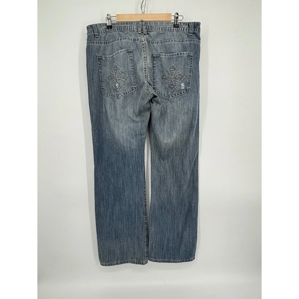 Ecko Unltd Mens Distressed Embroidered Cross Pocket Jeans Blue Size 36 Y2K